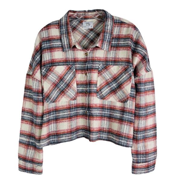 NWT Mila & Tiff cream blue orange flannel cropped button front shirt large - Picture 1 of 7
